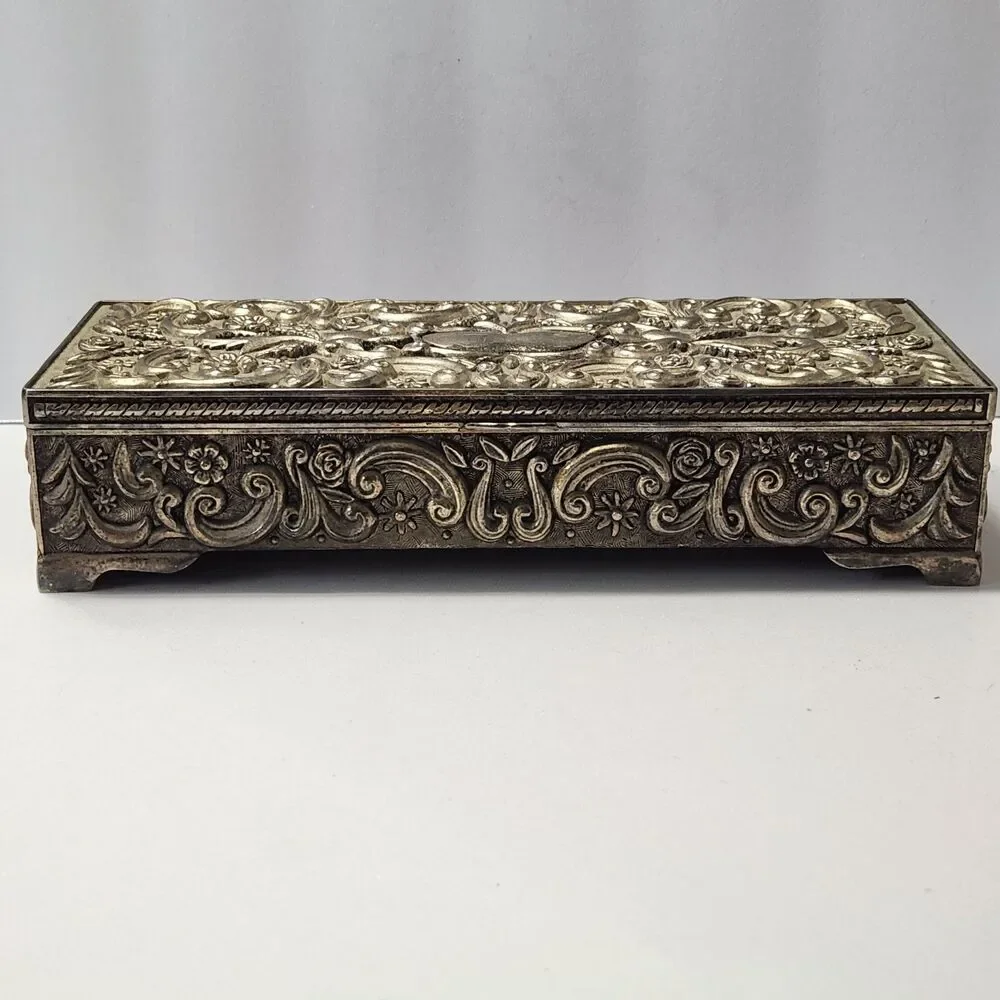 Godinger Vintage 1992 Silver Plate Ornate Rectangle Jewelry  Hinged Box Velvet